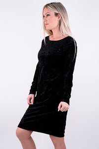 Black Long Sleeve Crushed Velvet Scoop Neck Dress