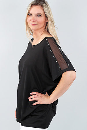 Cap Sleeve Top with Mesh & Rhinestones