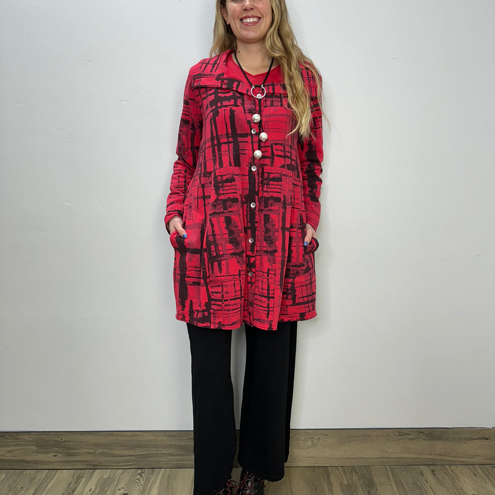 Cherry Red Print Button Down Bee Coat