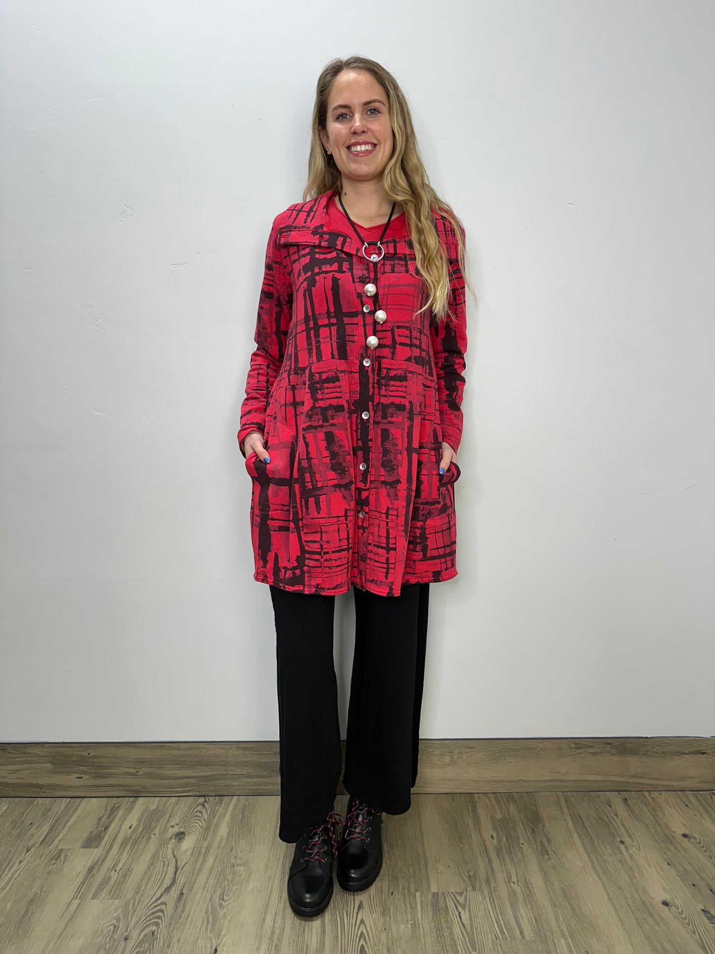 Cherry Red Print Button Down Bee Coat