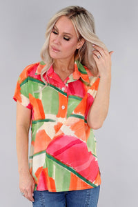 Fuchsia Green Short Sleeves Collared Button Up Top