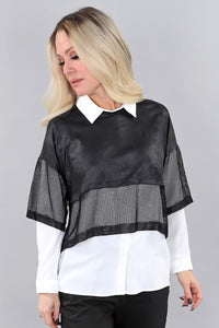 Faux Black and Ivory Double Layered Collared Shirt