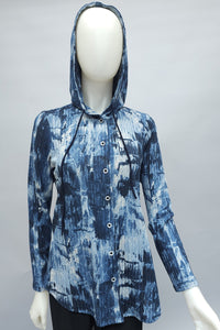 Denim Blue Print Button Down Hooded Top