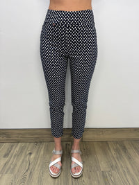 Navy Blue and White Dots Flat Front Full Length Pants