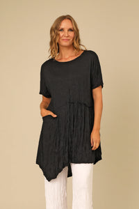 Black A-Line Asymmetrical Crinkle Bamboo Tunic