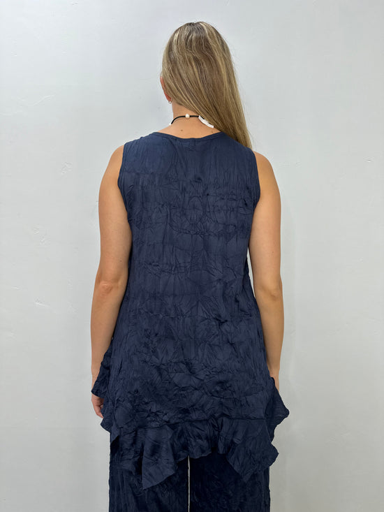 Navy Crinkle Sleeveless Long Tank