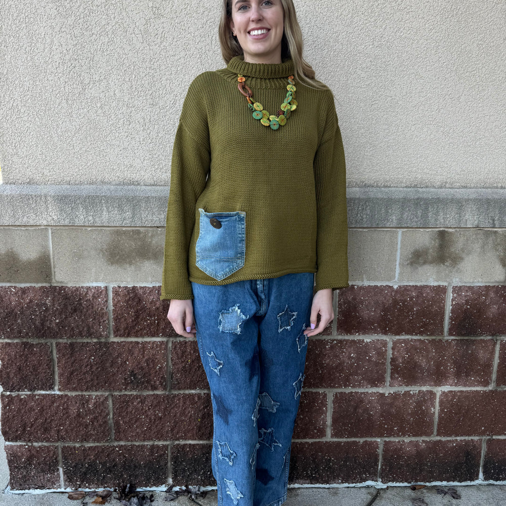 Olive Leaf Denim Sweater - One Size