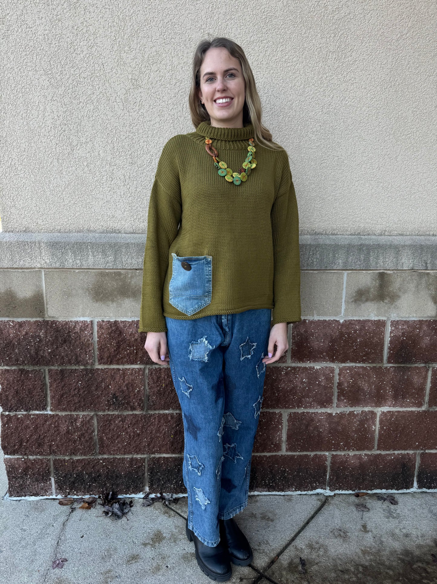 Olive Leaf Denim Sweater - One Size