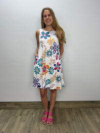 White Floral Sleeveless Aline Dress with Keyhole