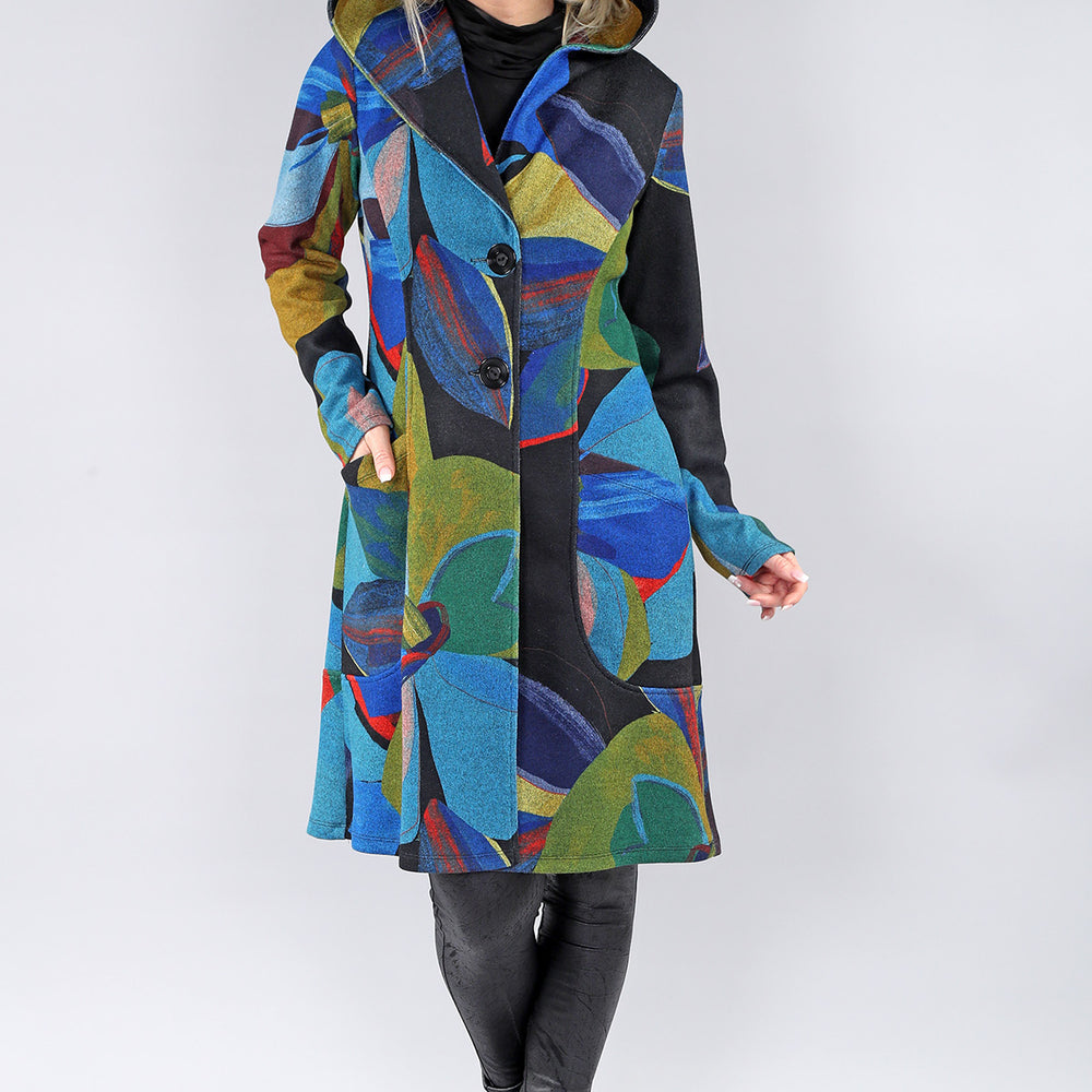 Blue Petals Long Sleeve Hooded Button Down Coat