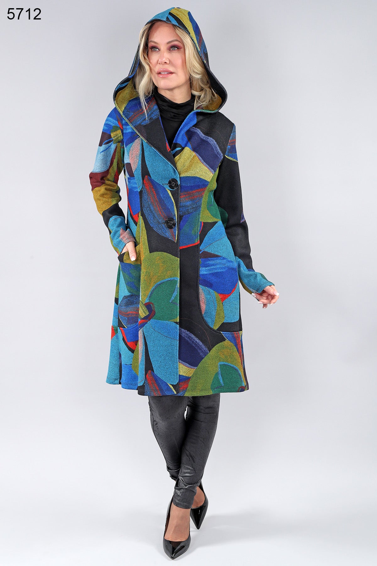 Blue Petals Long Sleeve Hooded Button Down Coat