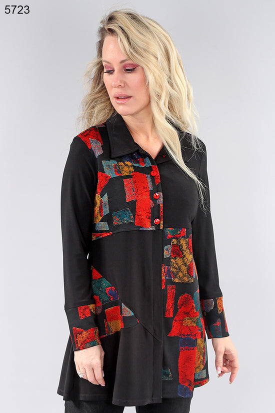 Black Long Sleeve Red Accents Button Tunic Top