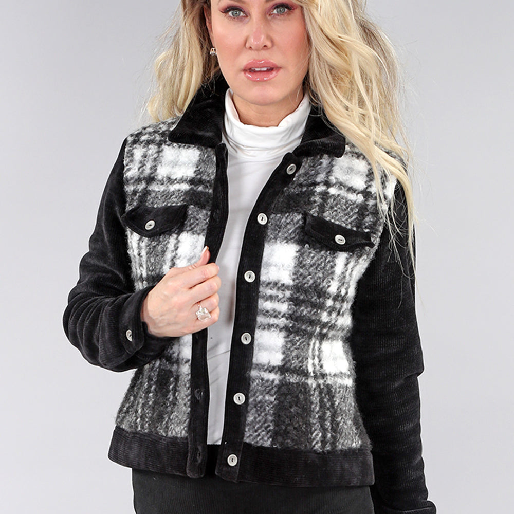 Black and Grey Plaid Long Sleeve Button Up Jacket