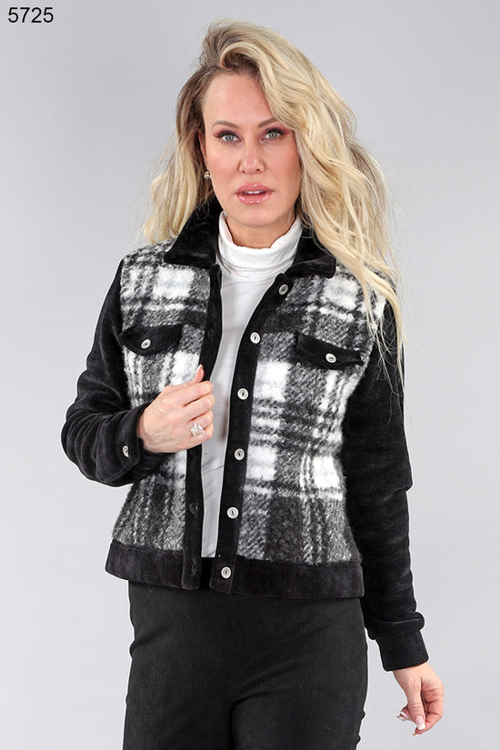 Black and Grey Plaid Long Sleeve Button Up Jacket