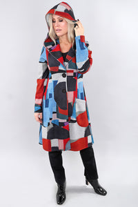 Red and Blue Long Sleeve Hooded Button Down Coat