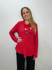 Cherry Red Textured Long Sleeve Pleat Top