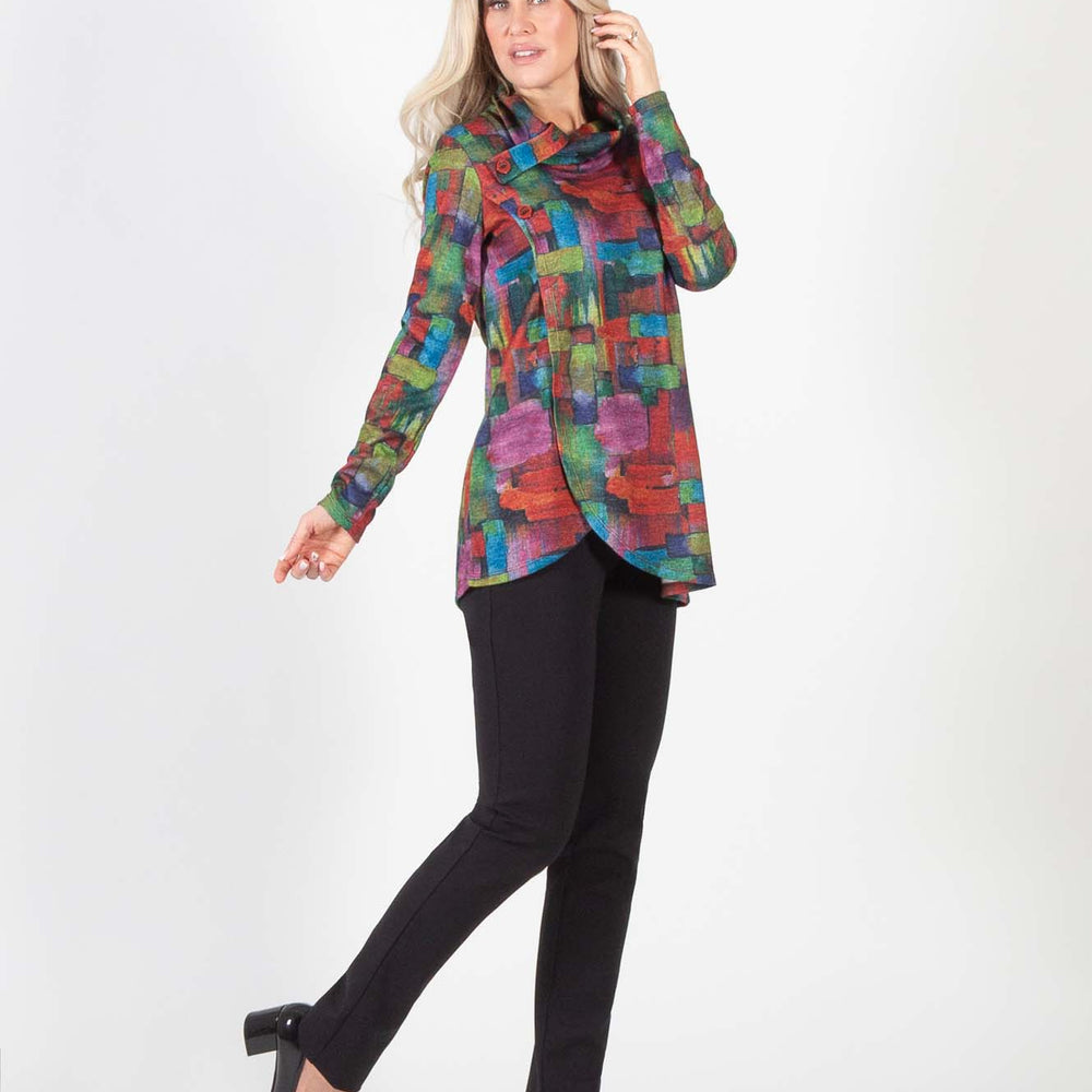 Colorful Blocks Knit Long Sleeve Cowl Neck Tunic