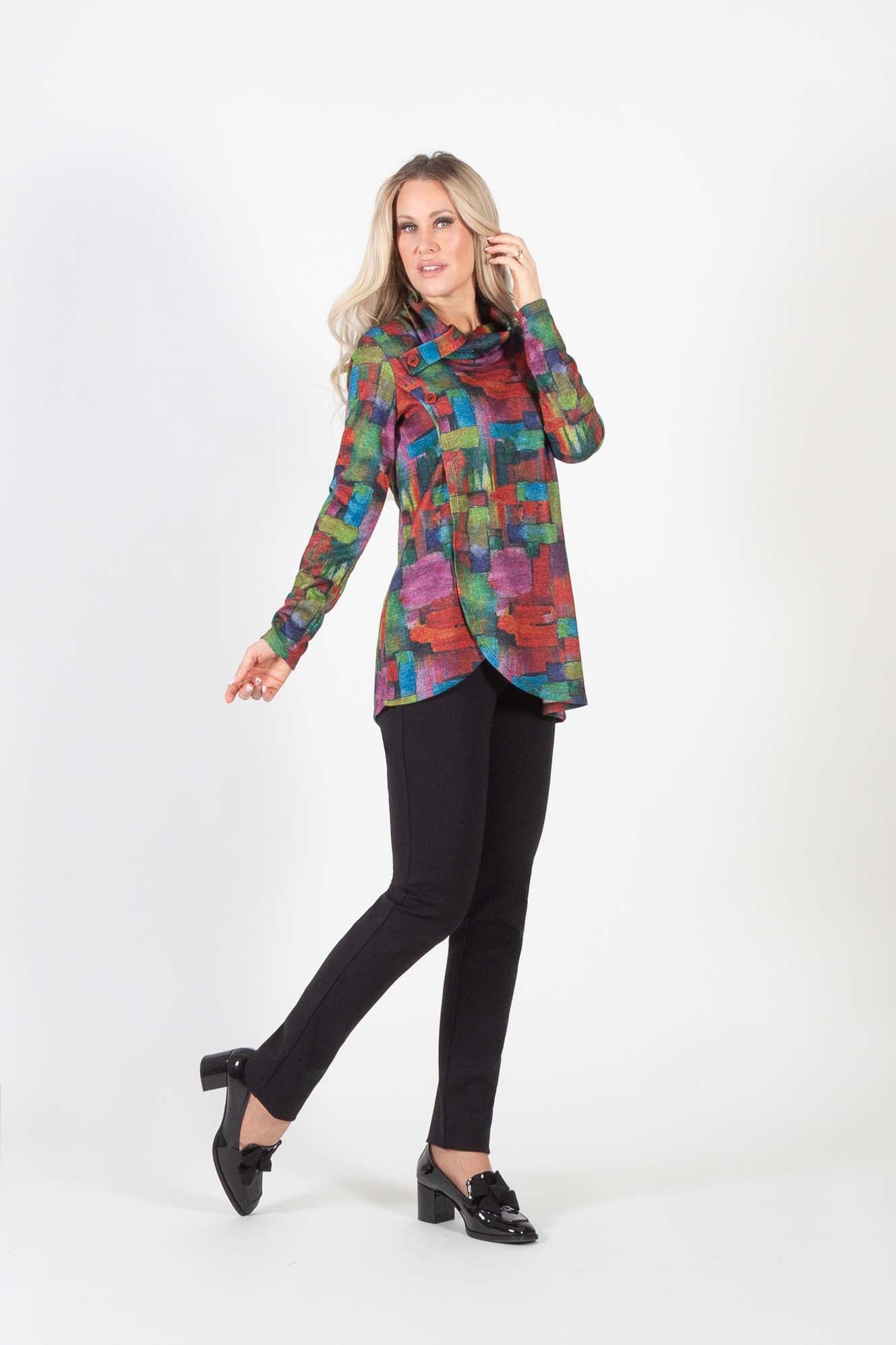 Colorful Blocks Knit Long Sleeve Cowl Neck Tunic