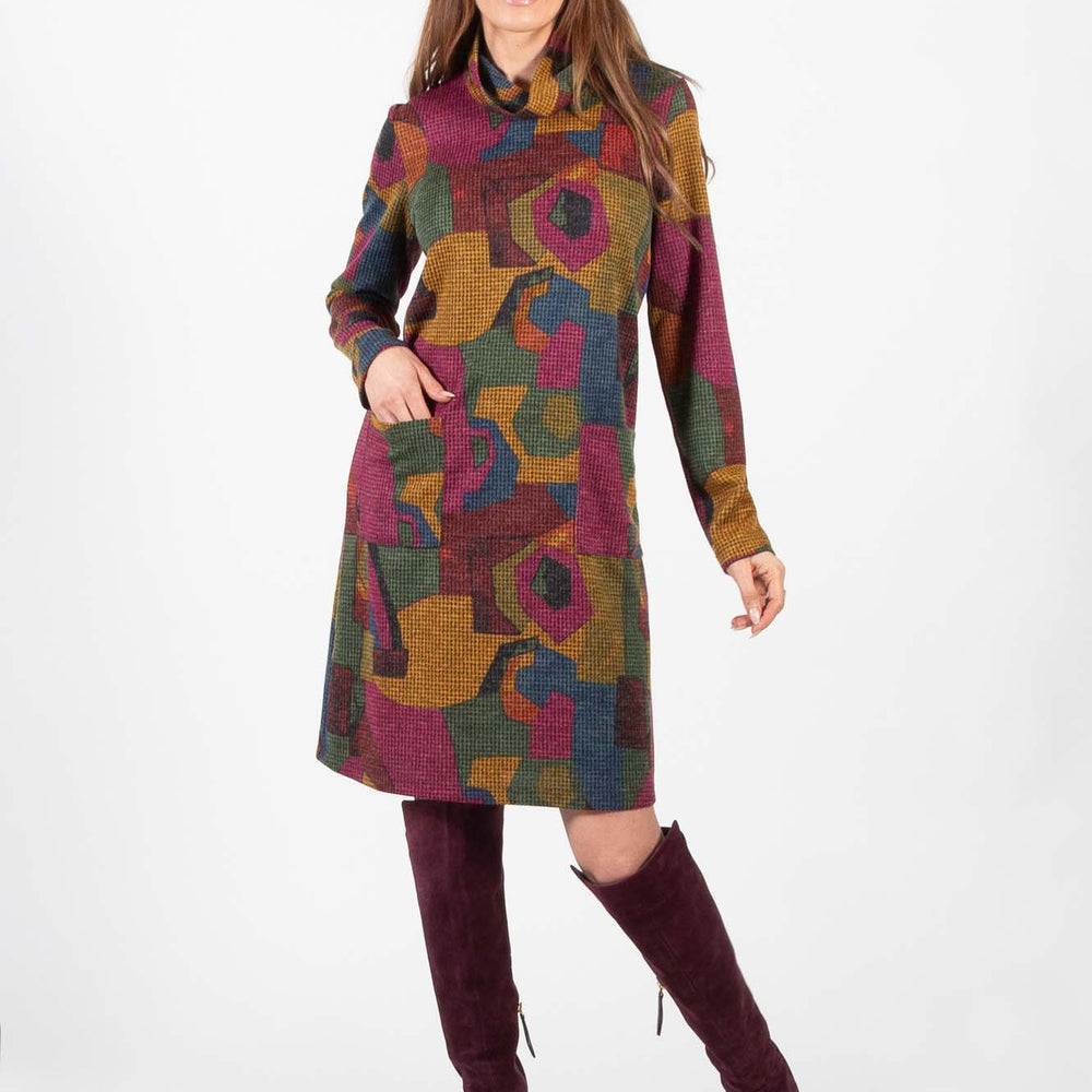 Berry Mustard Green Pattern Turtle Neck Dress with Pockets