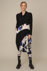 Black & Blueprint Pattern Long Sleeve Dress