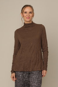 Chocolate Brown Crinkle Jersey Mock Neck Top