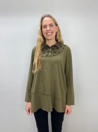 Olive Green Fleece Tunic with Polka Dot Collar