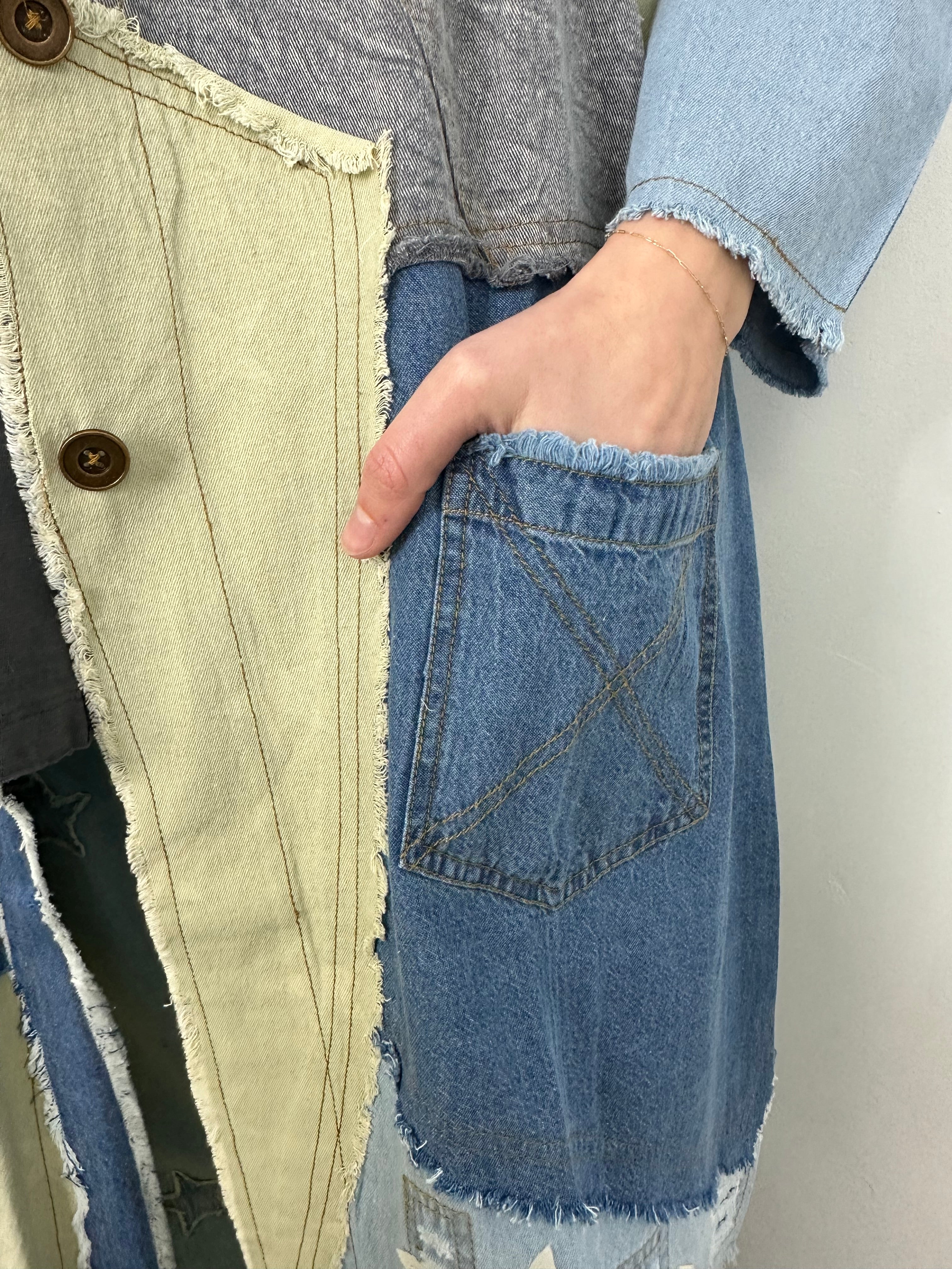 Patchwork Distressed Denim Jacket with Stars and Pockets – Twist