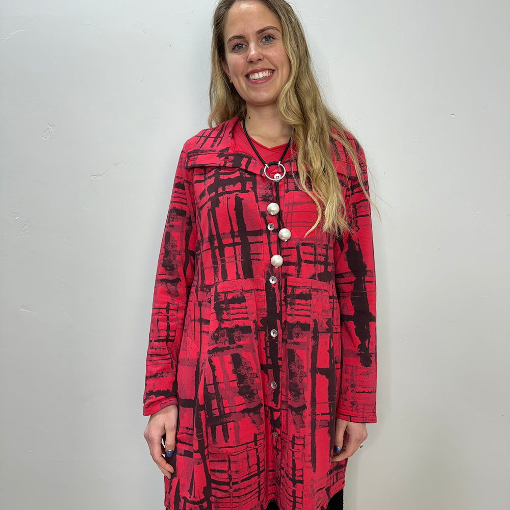 Cherry Red Print Button Down Bee Coat