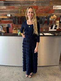 Navy Blue Maxi Ruffle Dress with 3/4 Sleeves