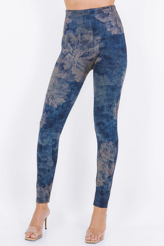 Indigo Peonies on Denim Extended Size High Waist Full Length Legging