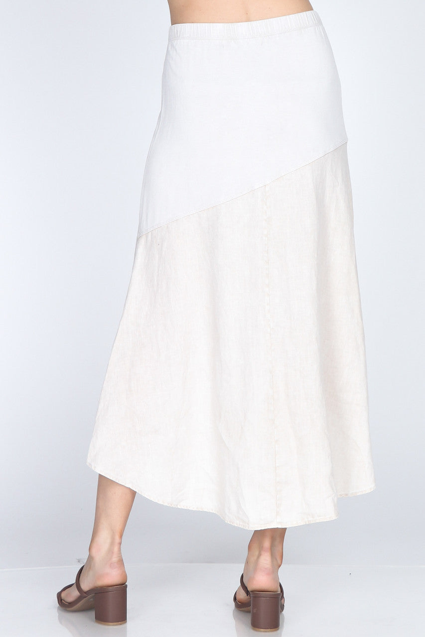 B4982A Bone Hi-Lo Mineral Wash Flows Skirt with Linen Panel and Elastic Waistband
