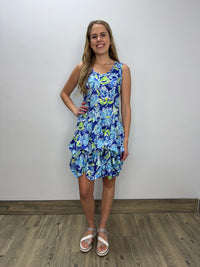 Blue and Green Floral Sleeveless Bubble Dress