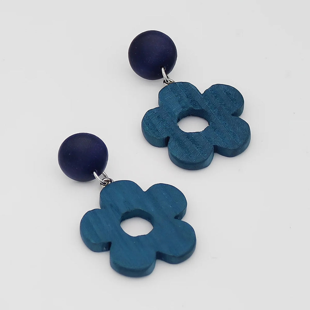 Blue Petals Wood Earrings