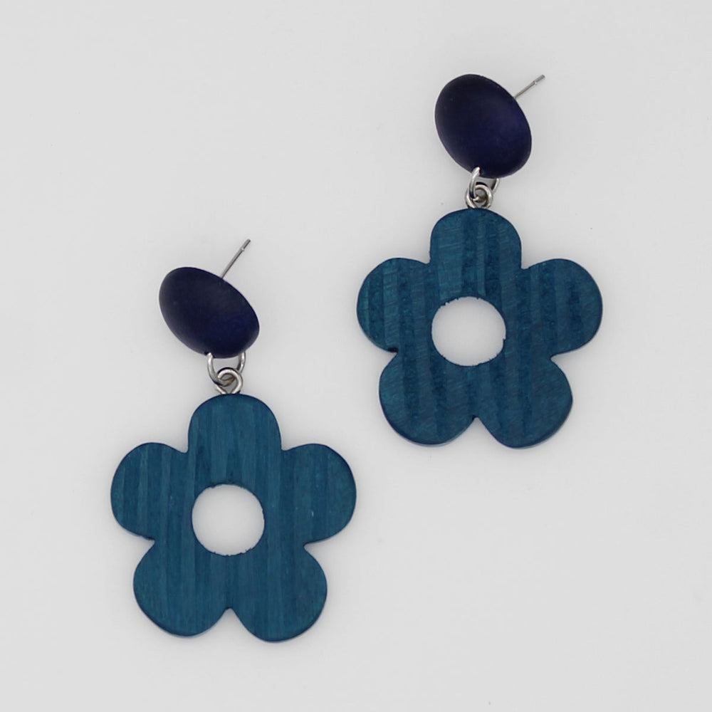 Blue Petals Wood Earrings