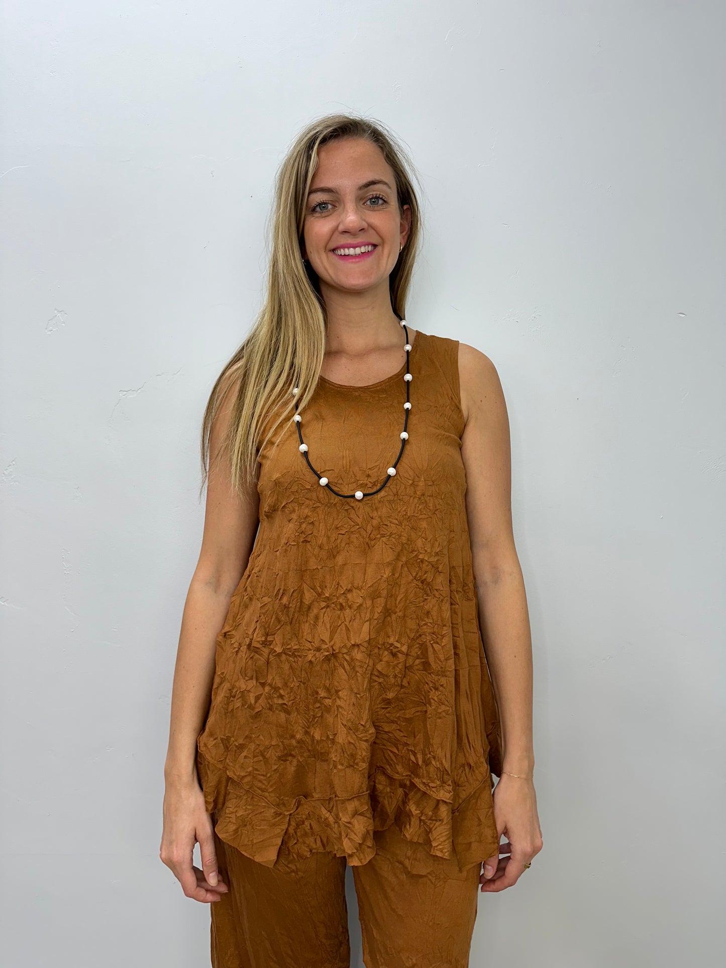 Copper Crinkle Sleeveless Long Tank