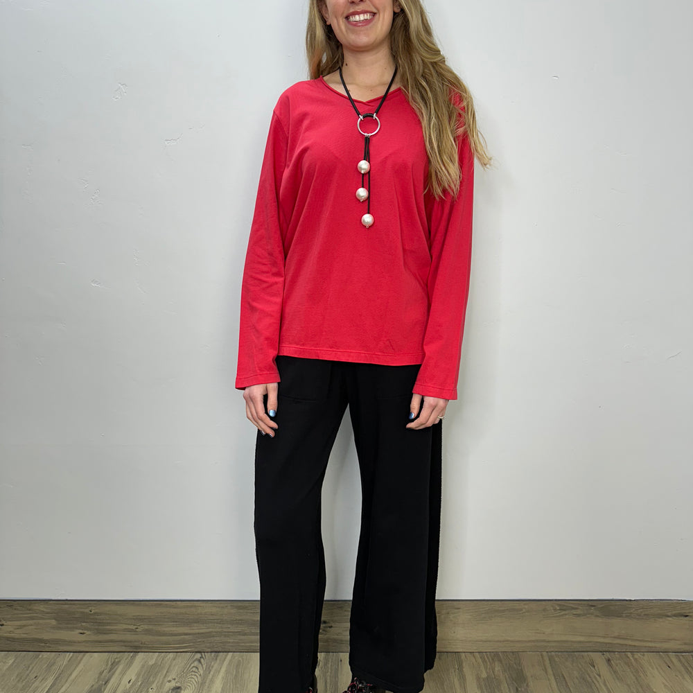 Cherry Red V-Neck Long Sleeve Top