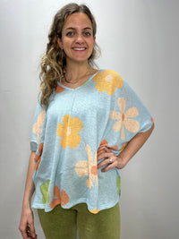 Light Blue Daisy Knit V-Neck Dolman Sleeve Top