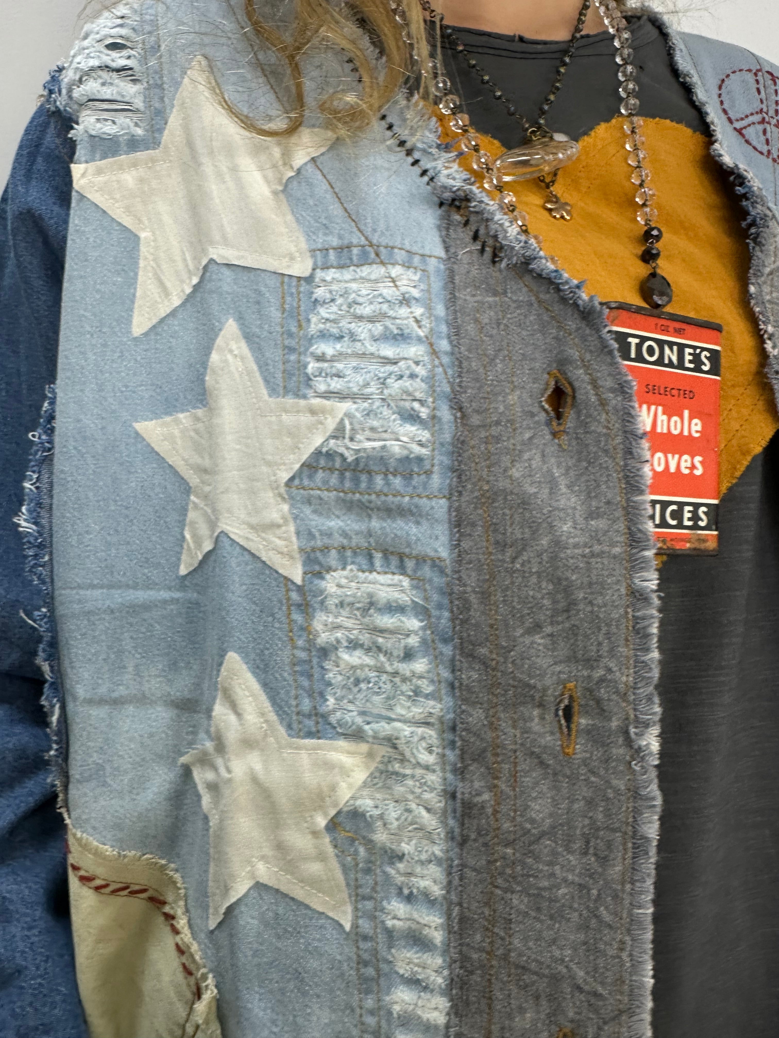 Patchwork Distressed Denim Jacket with Stars and Pockets – Twist