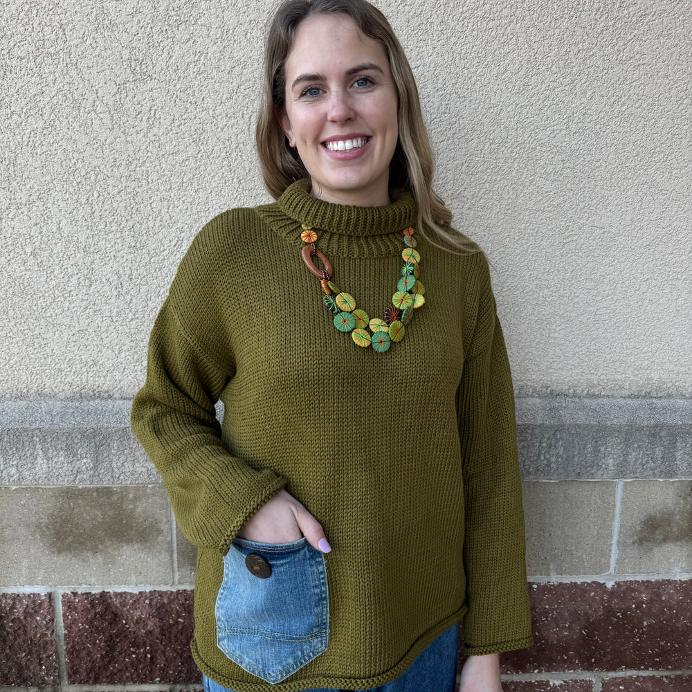 Olive Leaf Denim Sweater - One Size