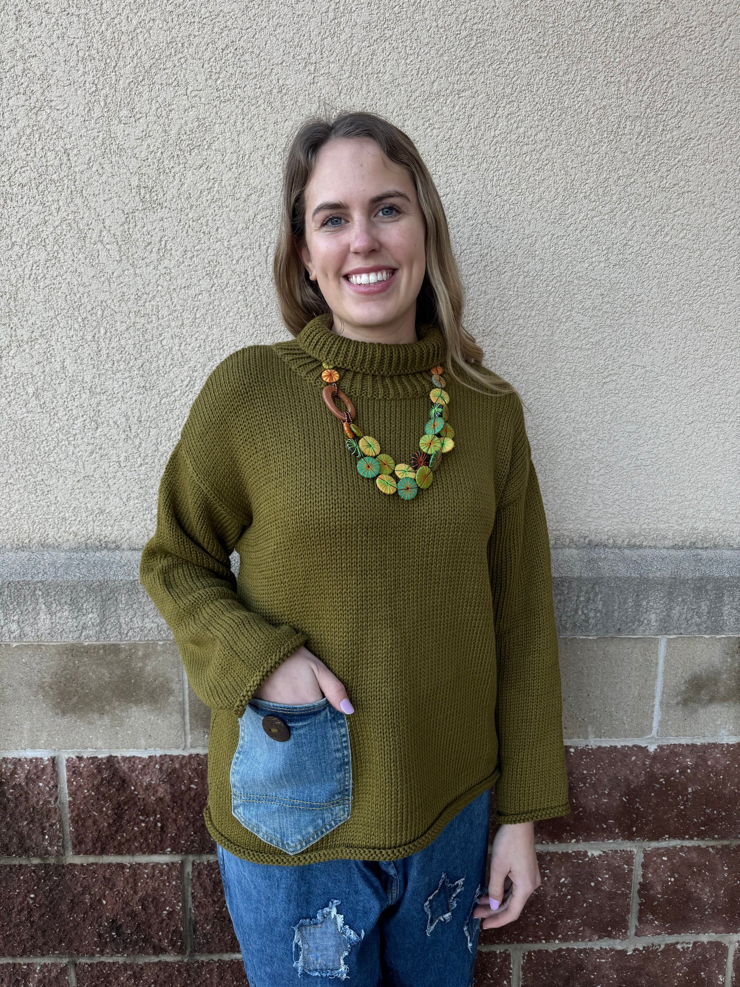 Olive Leaf Denim Sweater - One Size