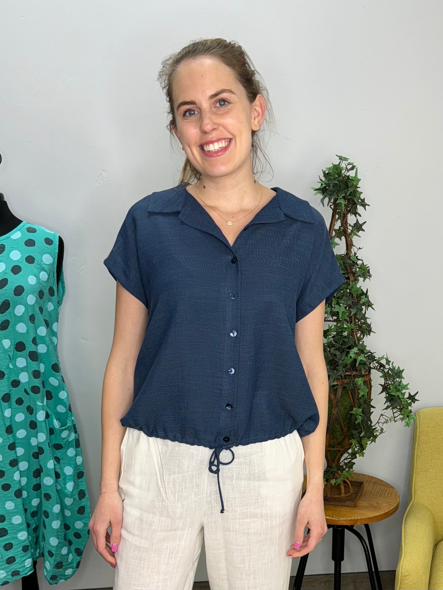 Indigo Short Sleeve Button Down Top