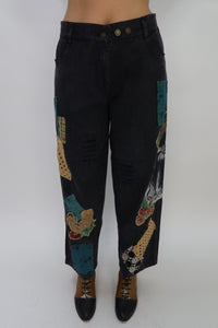 Black Denim Pant with Bunny Accent