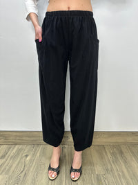 Jet Black Cotton Lantern Pants With Side Patch Pocket