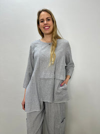 Blue Gray Textured Cotton 3/4 Sleeve Asymmetrical Top