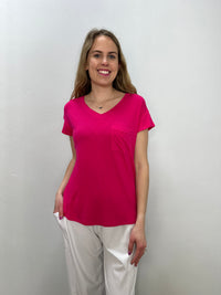 Fuchsia Pink V Neck Short Sleeve Top