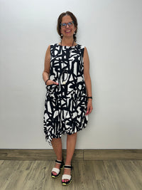 Black and White Doodle Sleeveless Asymmetrical Parachute Dress