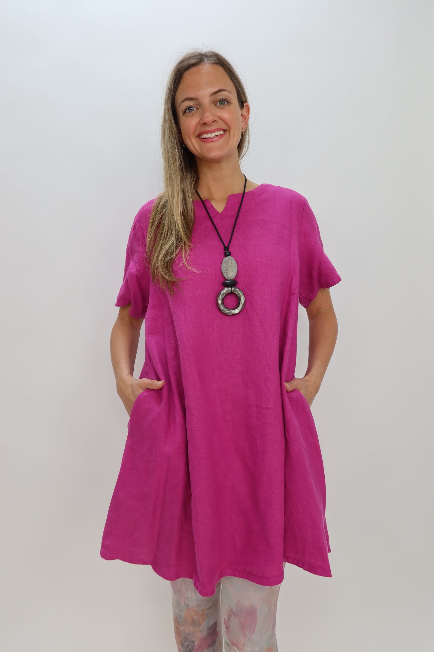 pink linen tunic dress Womens Linen Pocket Tunic Dress