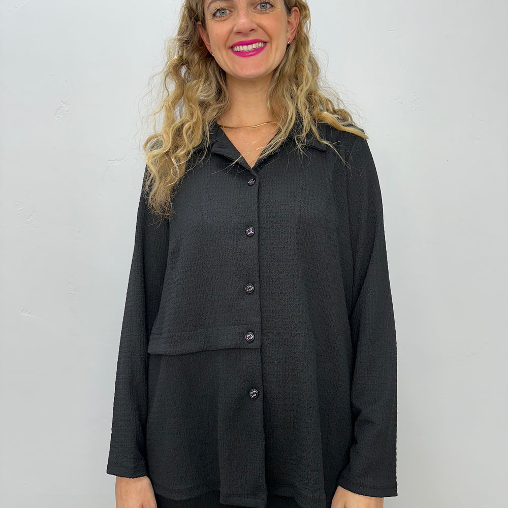 Black ITY Crepe Button Down Collared Top