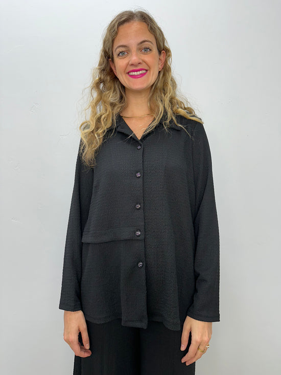 Black ITY Crepe Button Down Collared Top