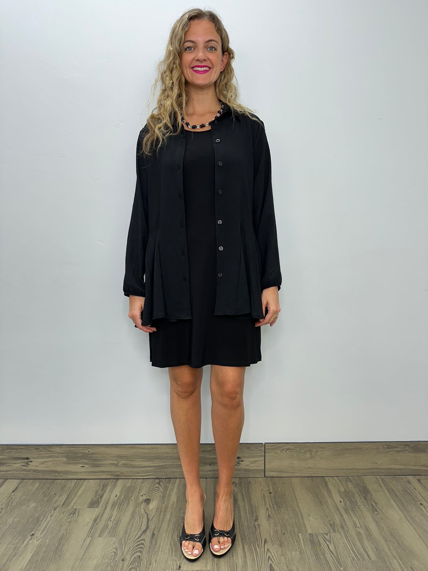 Black Button Down Ruffle Tunic